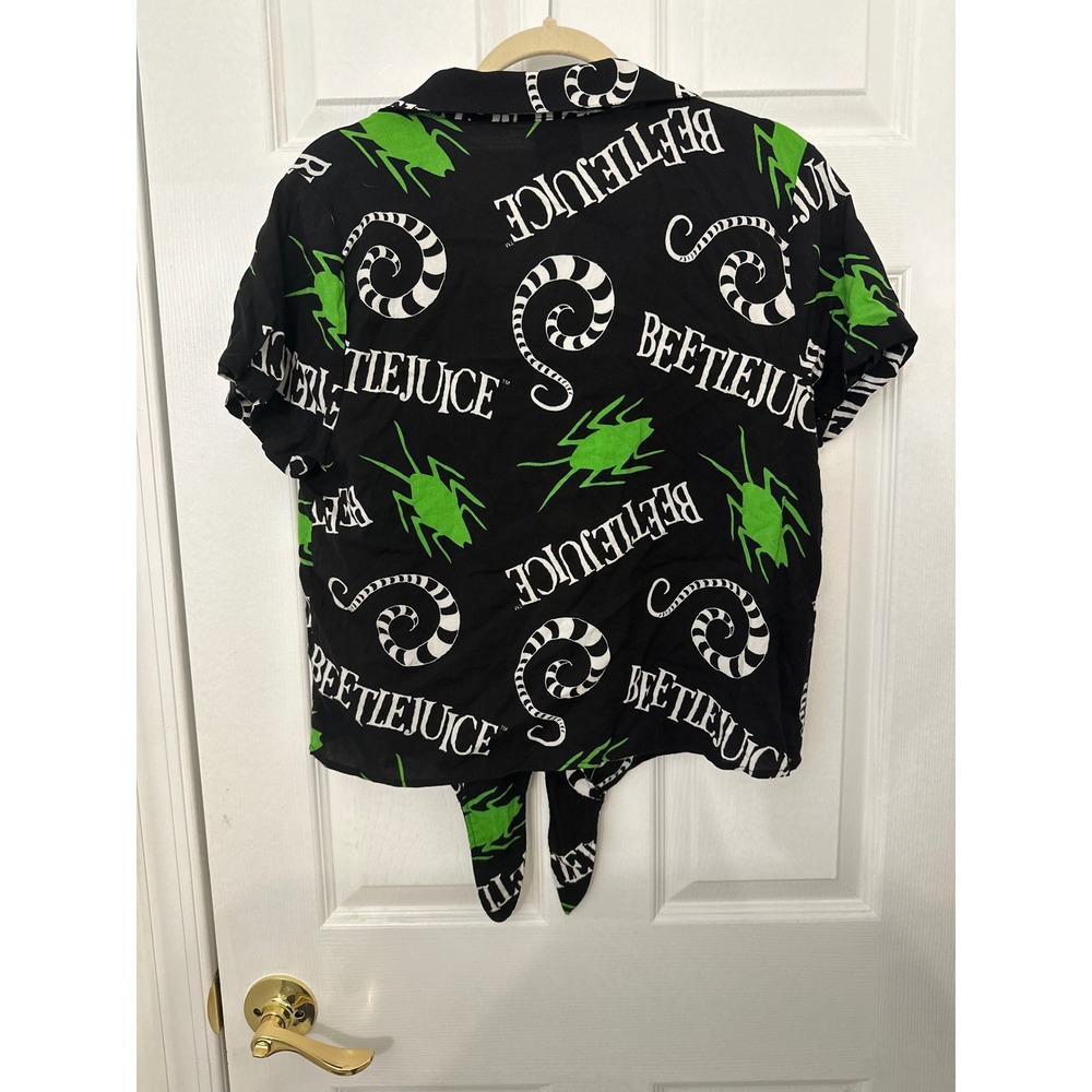 Beetlejuice Tie Front Button Down Shirt XL Black Neon Green Sandworm Rayon Top